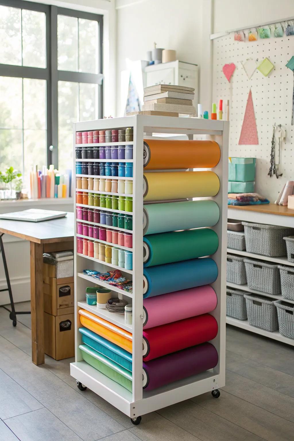 Upright storage towers on wheels keep vinyl organized and mobile.