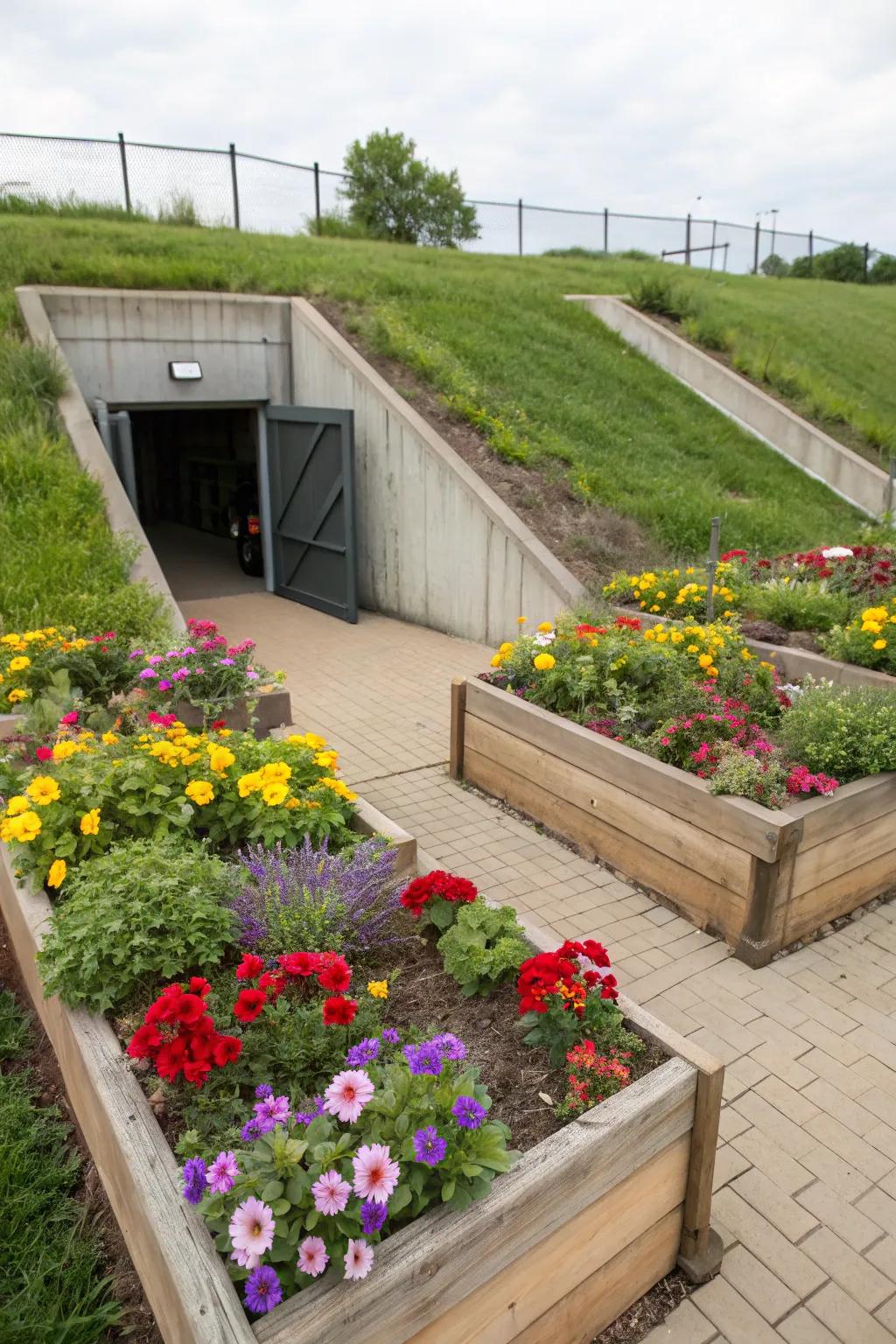 Raised beds bring structure and beauty to your storm shelter area.