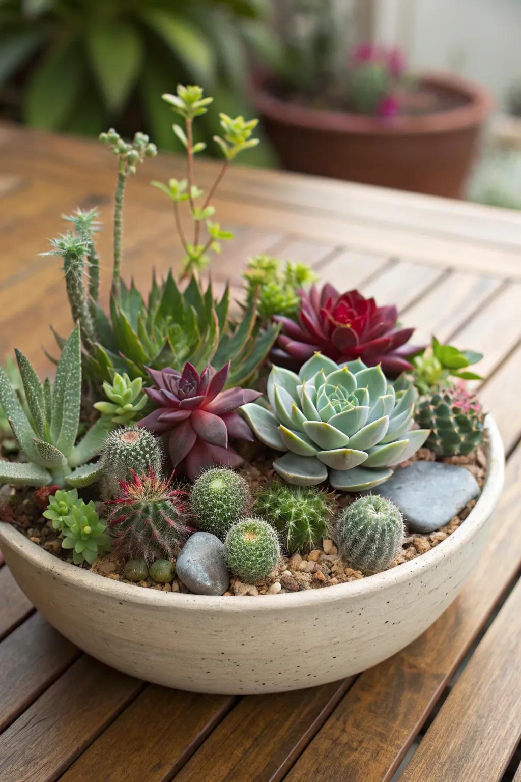 A mix of rosette and trailing succulents with small cacti in a dish garden.