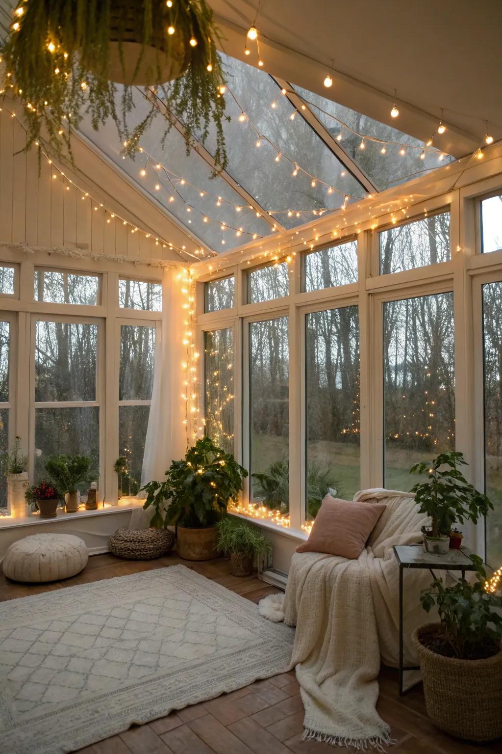 Twinkling lights add a magical touch to your sunroom.