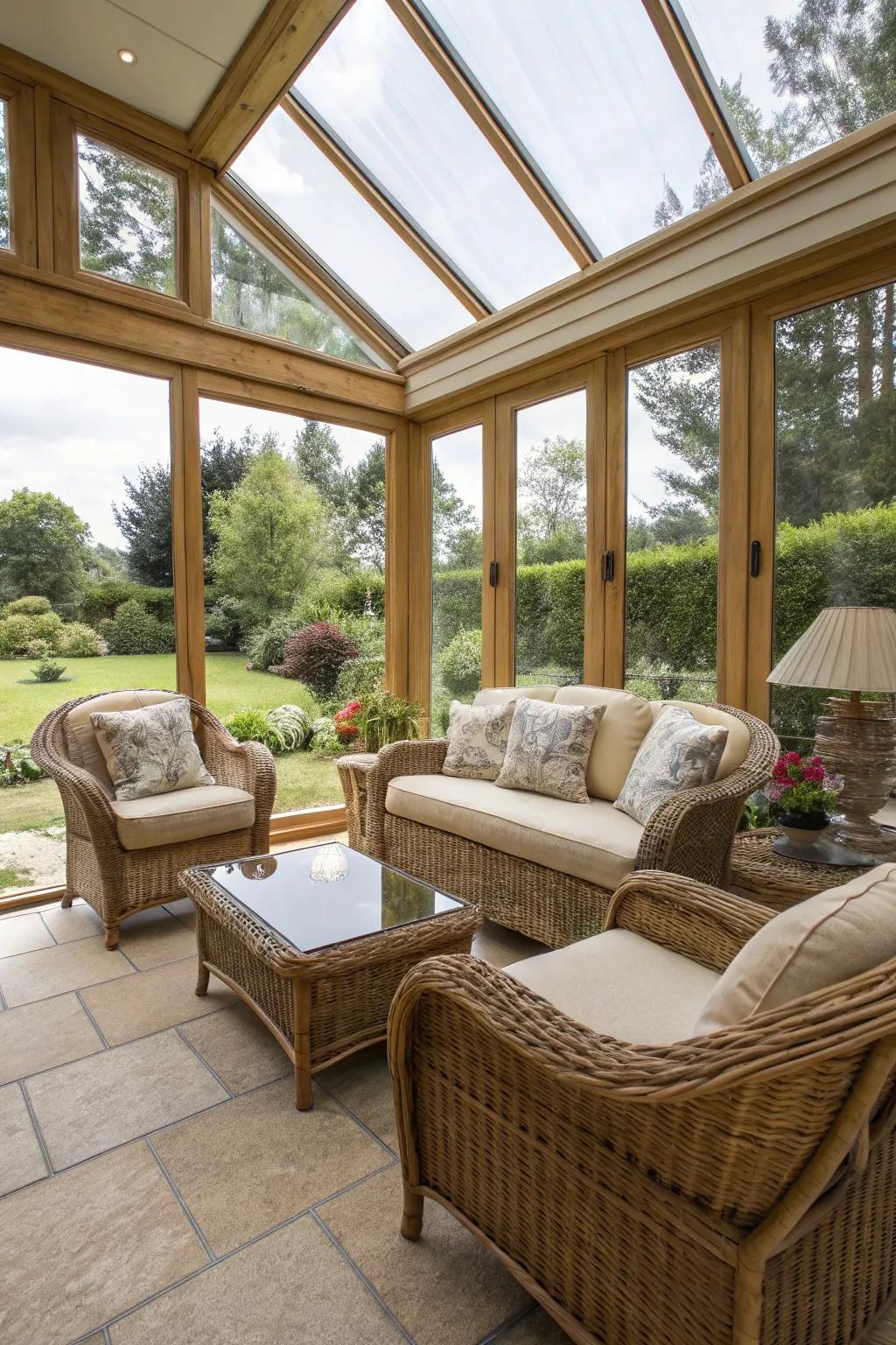 Rattan furniture seamlessly integrates with the sunroom's airy surroundings.