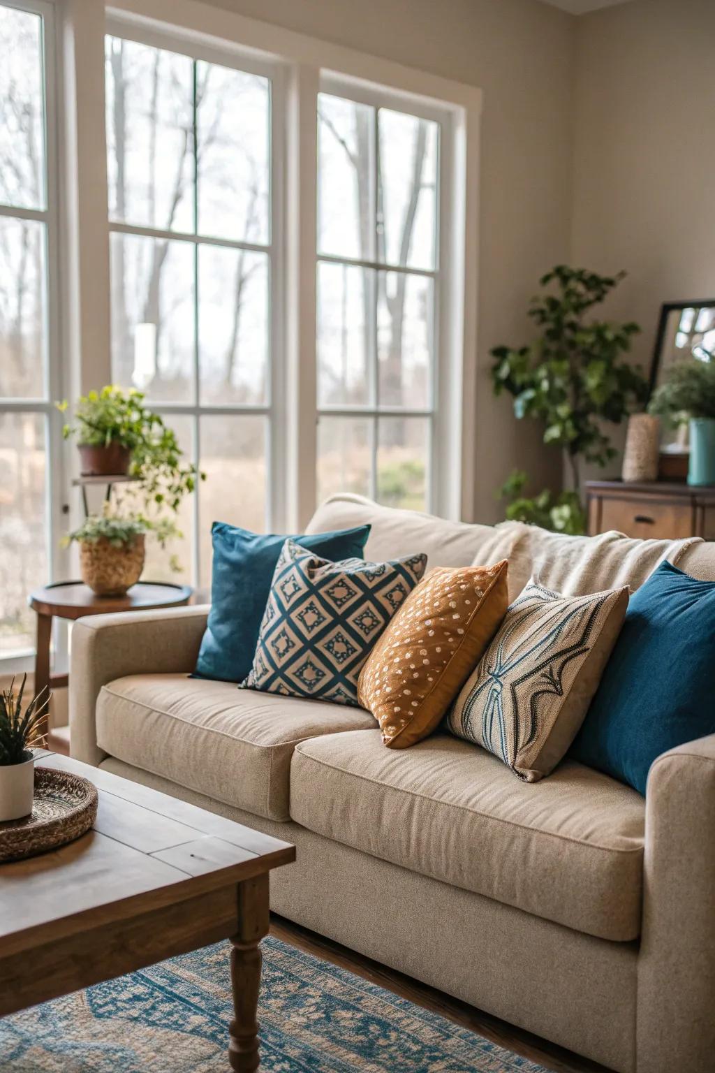 An artful arrangement of blue, neutral, and earthy-toned pillows that elevate the room's visual harmony.