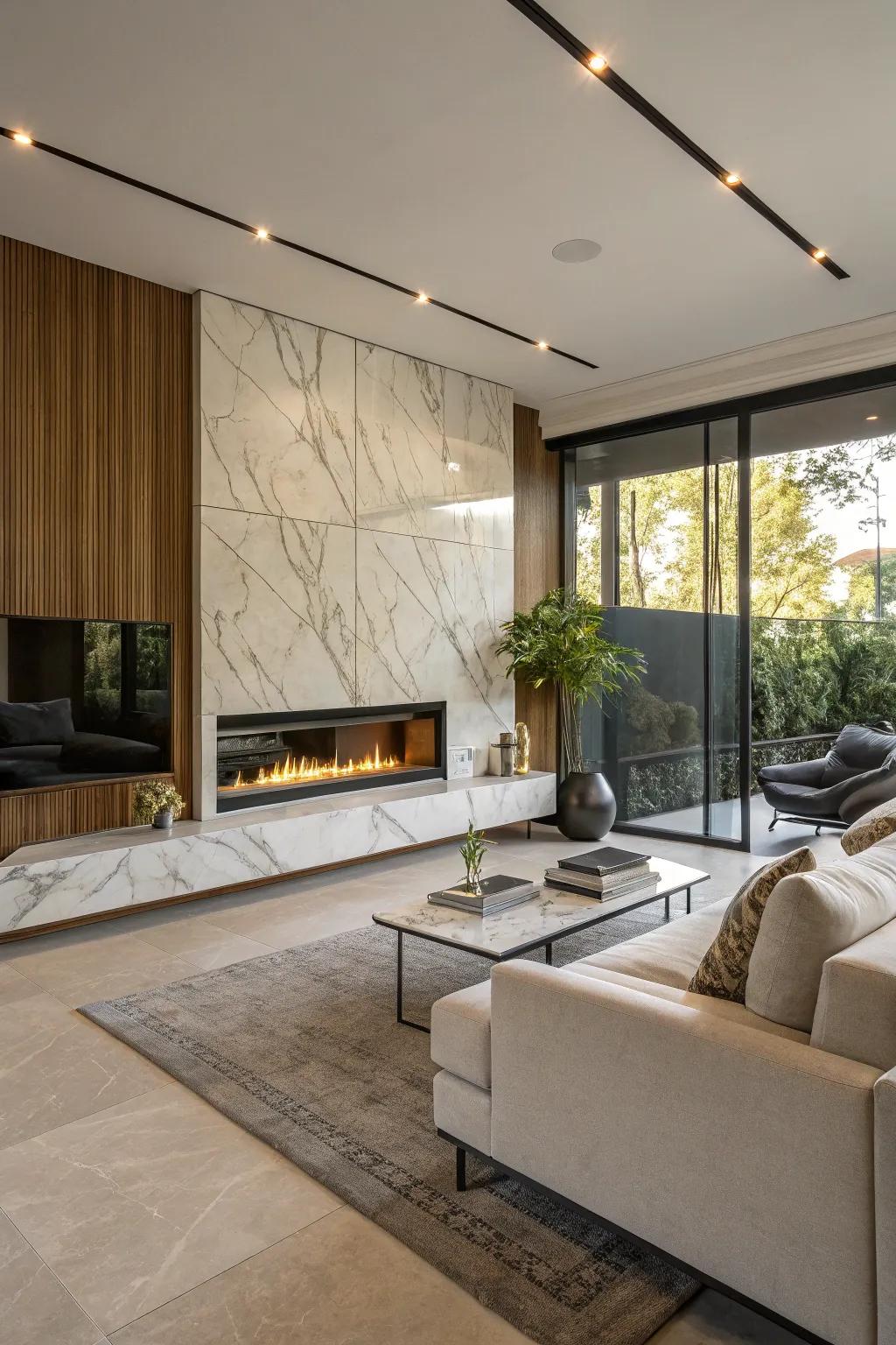 Polished stone cladding provides a current focus point within this fashionable living space.