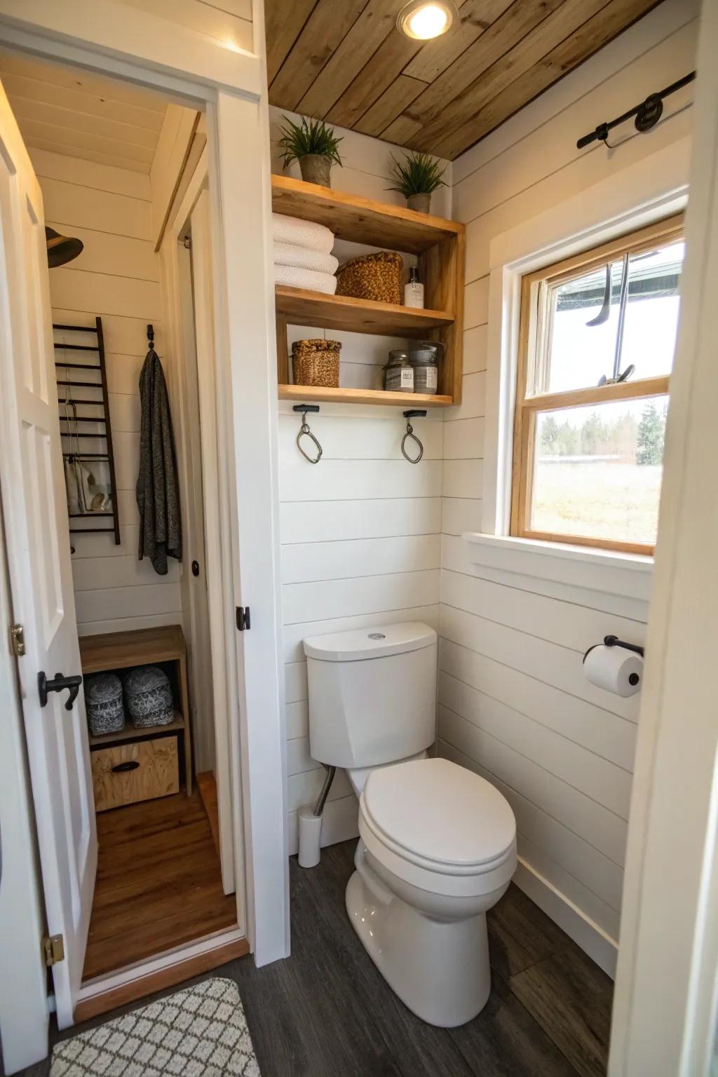 Corner toilet cleverly positioned to optimize bathroom dimensions