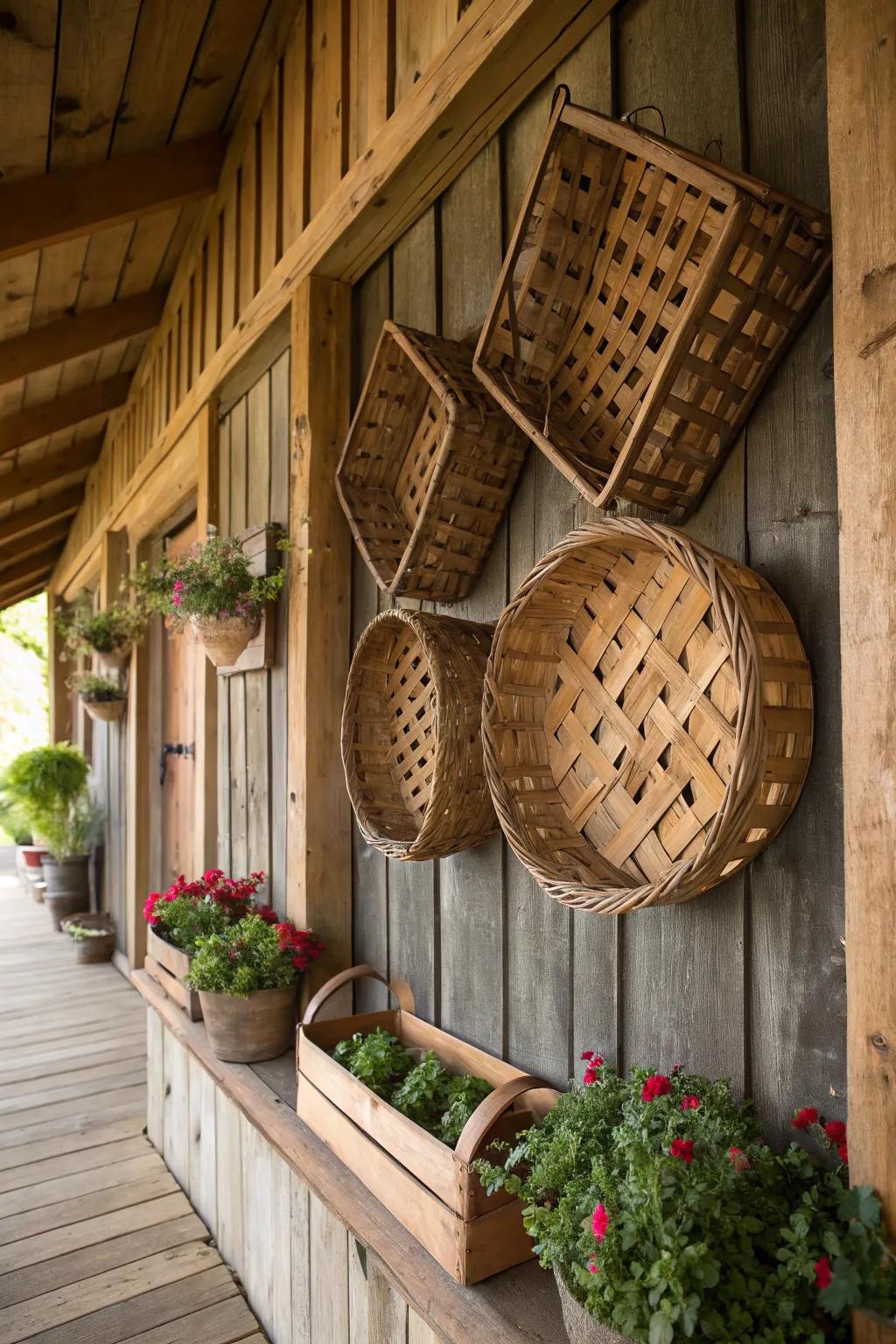 A farmhouse feature wall with a geometric tobacco basket arrangement.