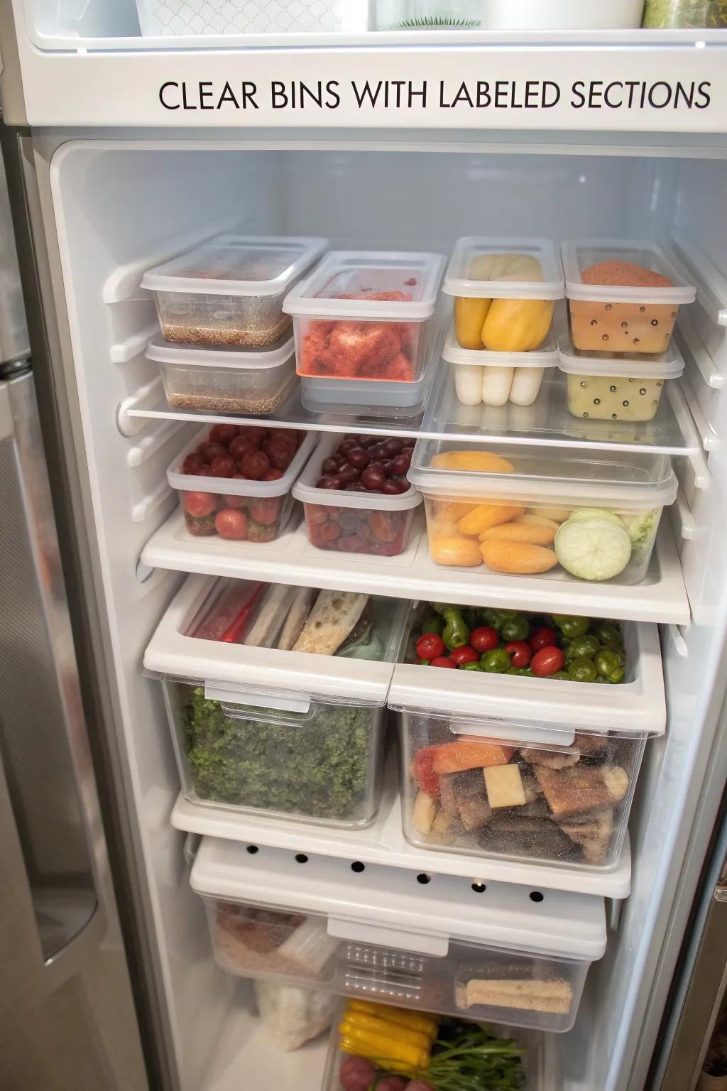Transparent bins with labeled compartments, meticulously organizing a variety of food items inside a top freezer.