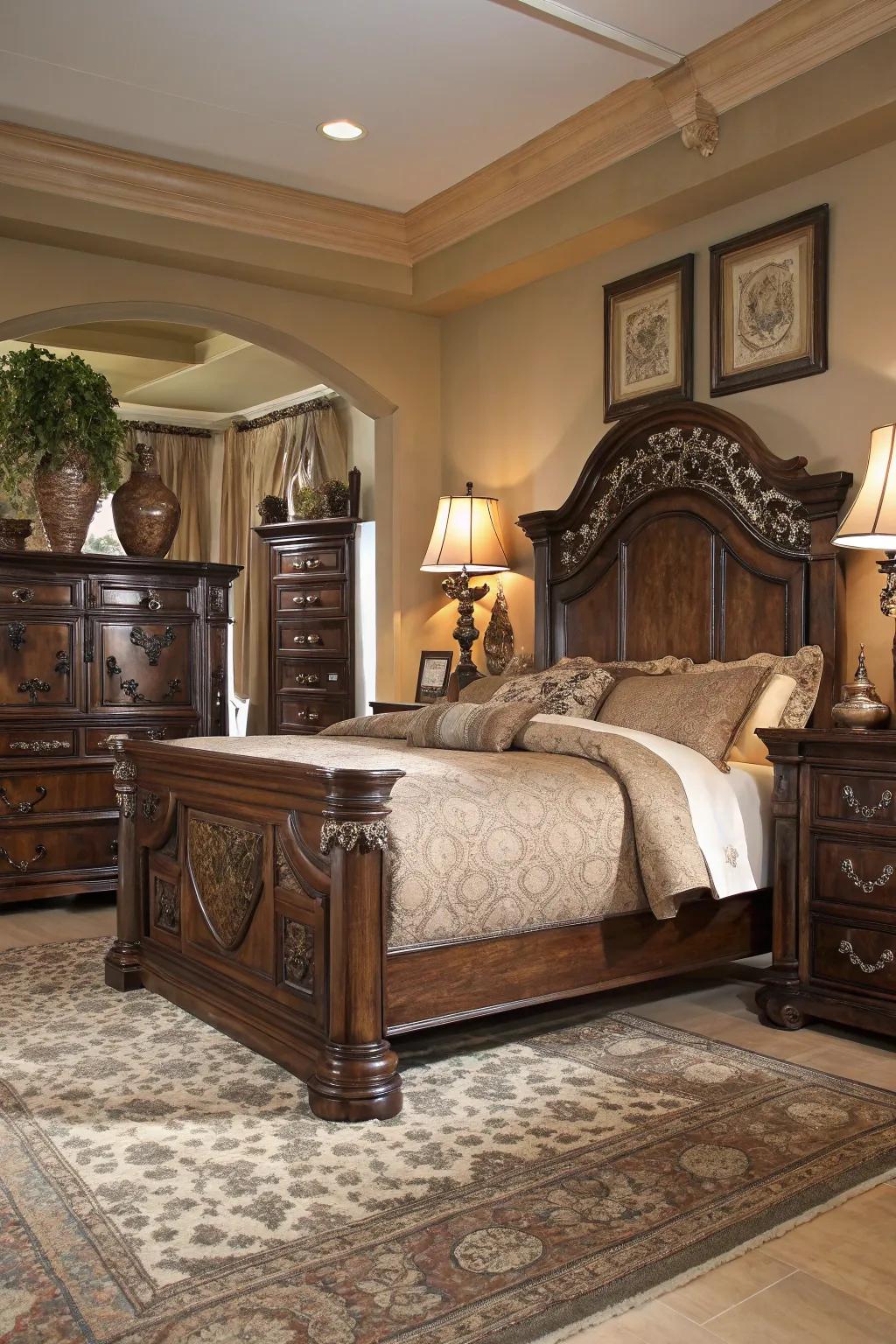 Fine wood furniture enhances the bedroom’s elegance and coziness.