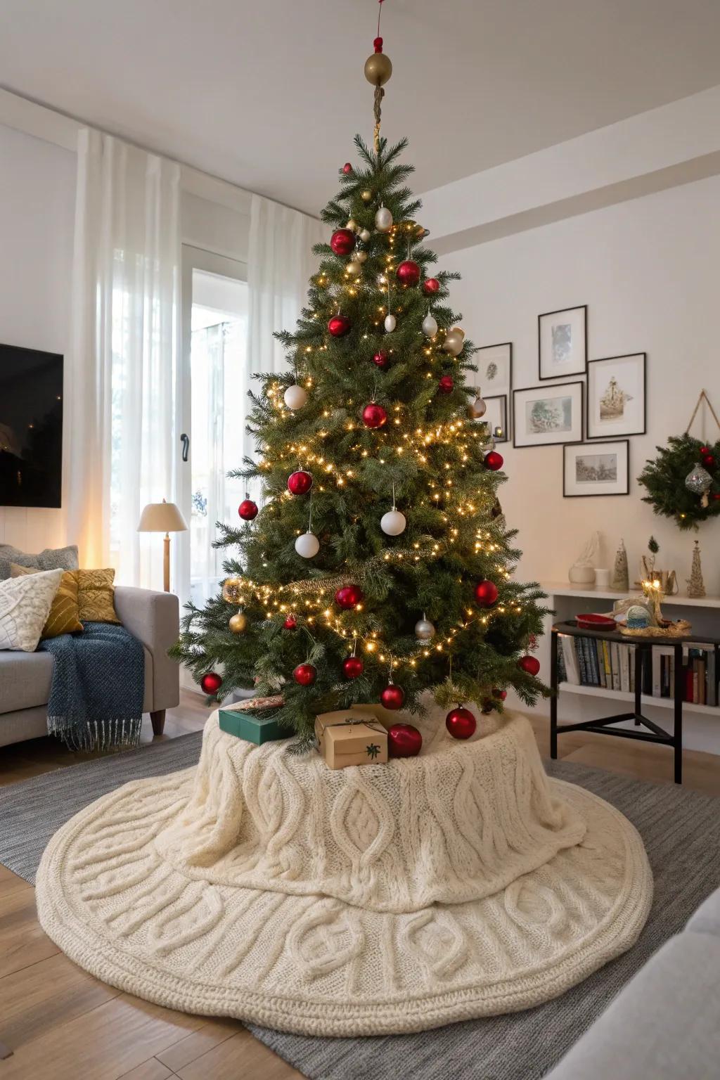 A knitted tree skirt adds a warm, handmade touch to your decor.