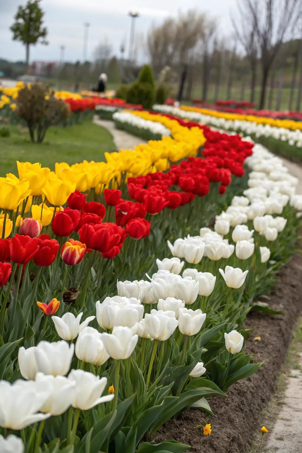 Bold and beautiful: Color block tulip garden.