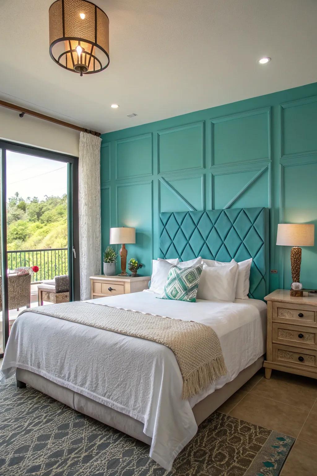 A turquoise accent wall adds a vibrant touch to this serene bedroom.