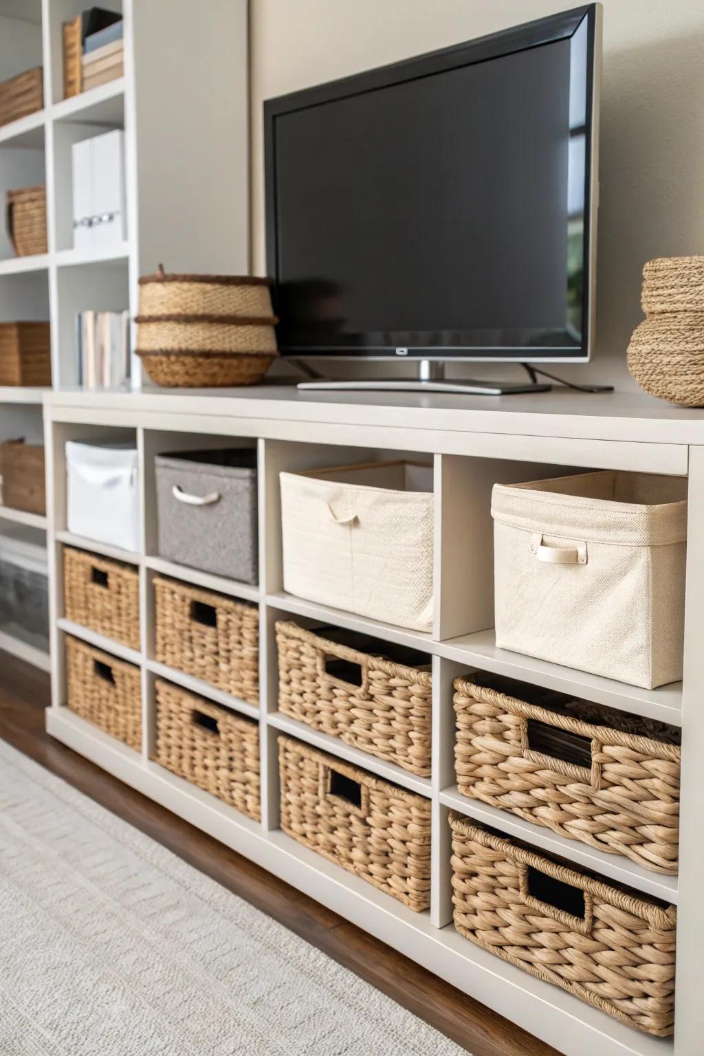 Wicker baskets and bins bring character and order to your TV stand.