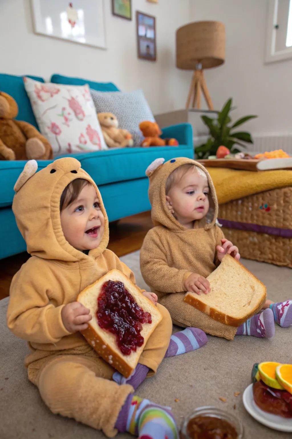 Sweet and savory: twins as peanut butter and jelly sandwiches.