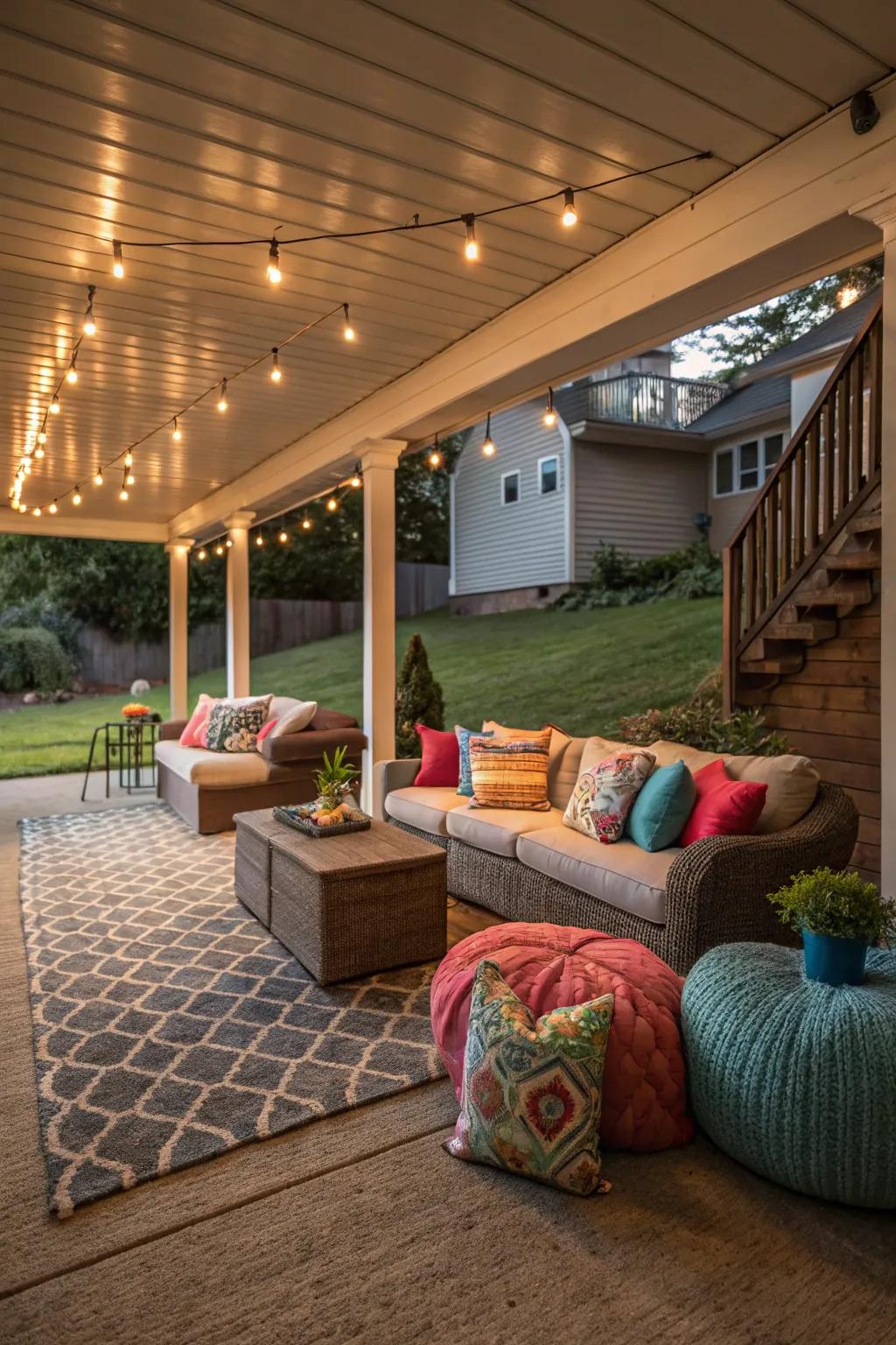 A relaxing lounge area under the deck with plush seating and vibrant decor.