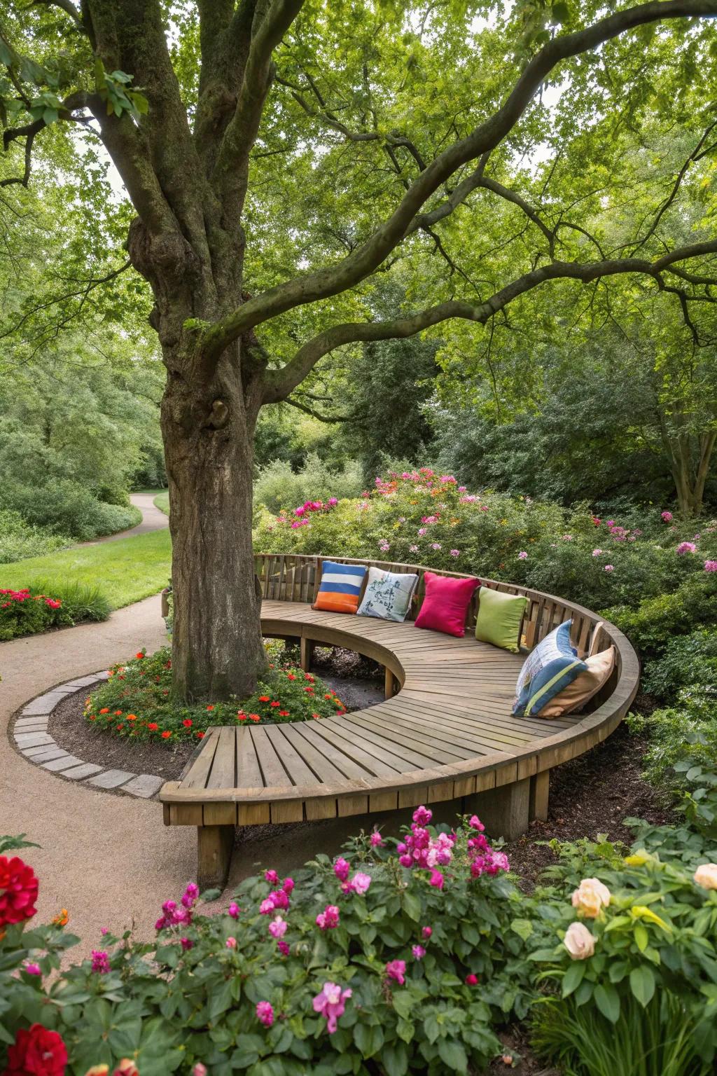 A wooden bench hugs the tree, inviting you to sit and enjoy the company.