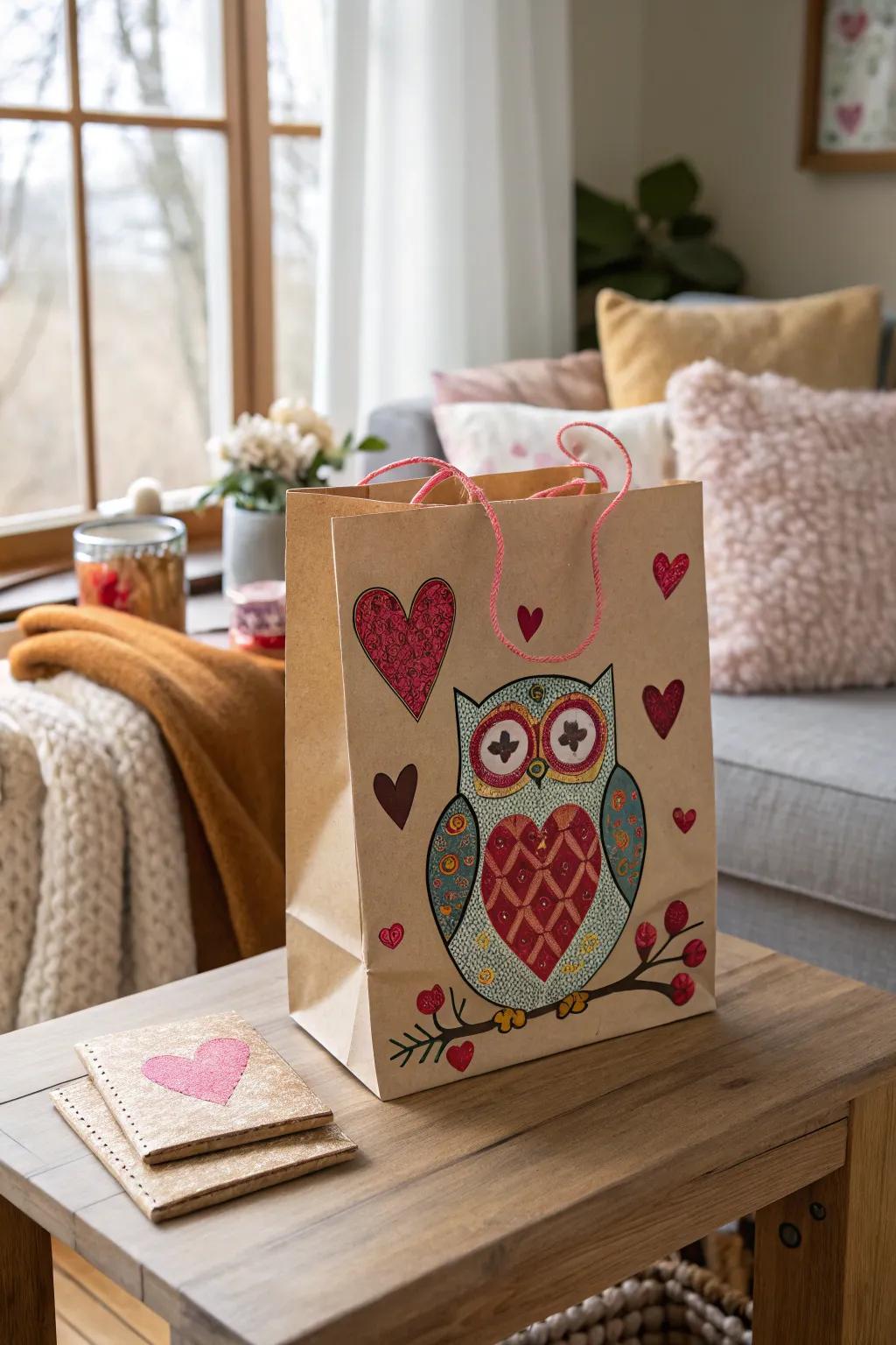 A cute owl-themed Valentine's Day gift bag.