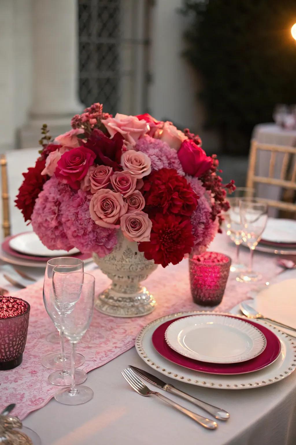 A striking ombré floral centerpiece setting the tone for a romantic dinner.