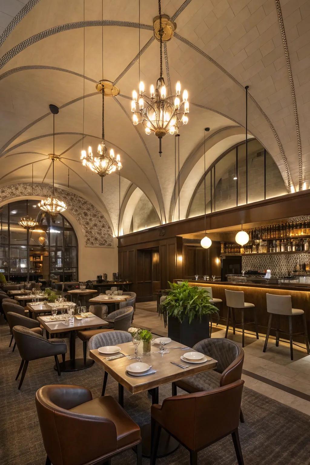 Pendant lights add elegance and draw attention to the vaulted ceiling.