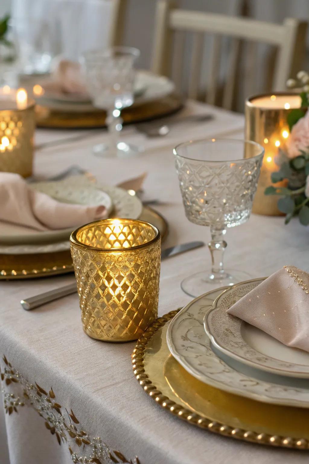 Golden votive holders bring luxurious elegance to any dining setting.