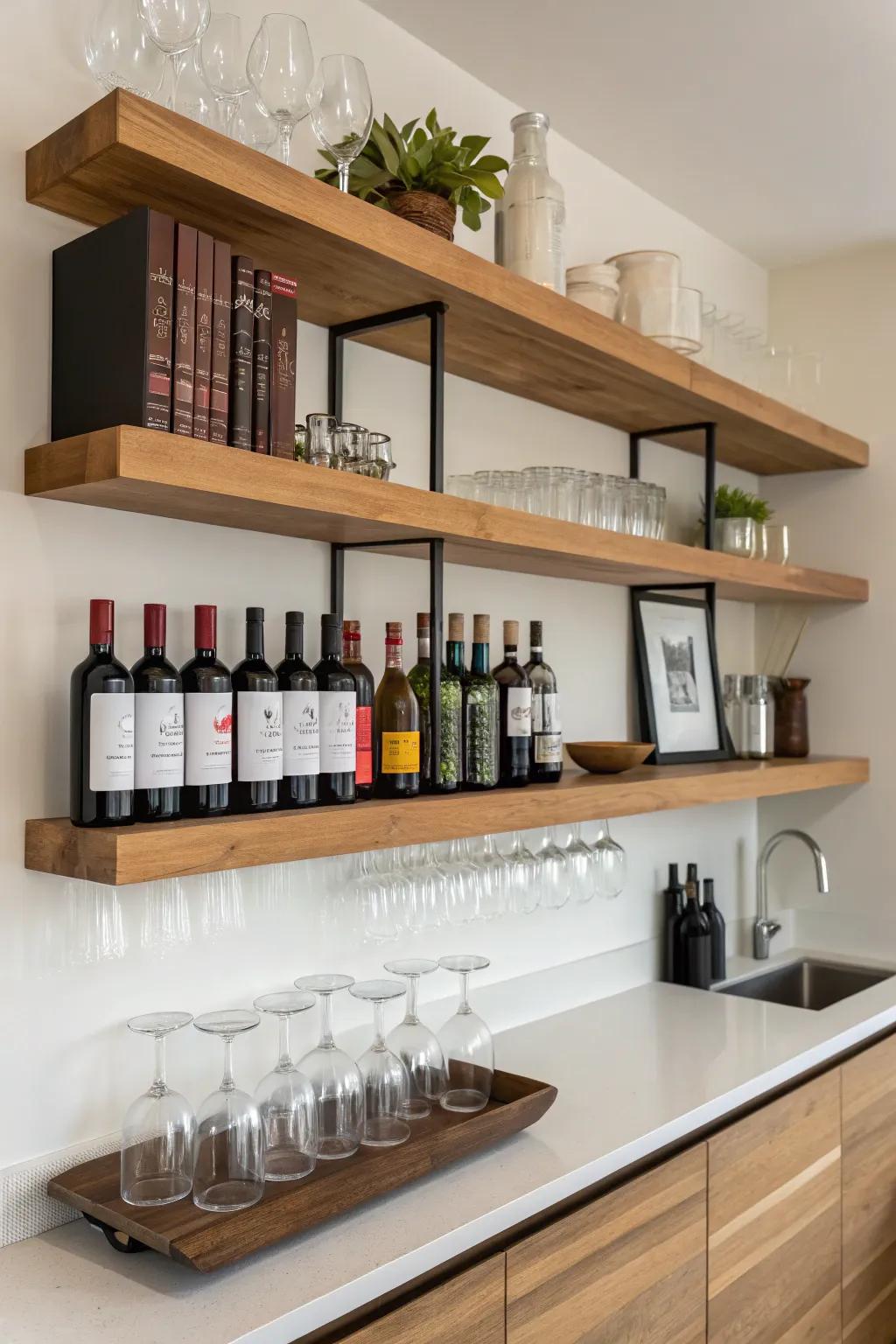 Floating shelves offer a minimalist design for a contemporary home bar setup.