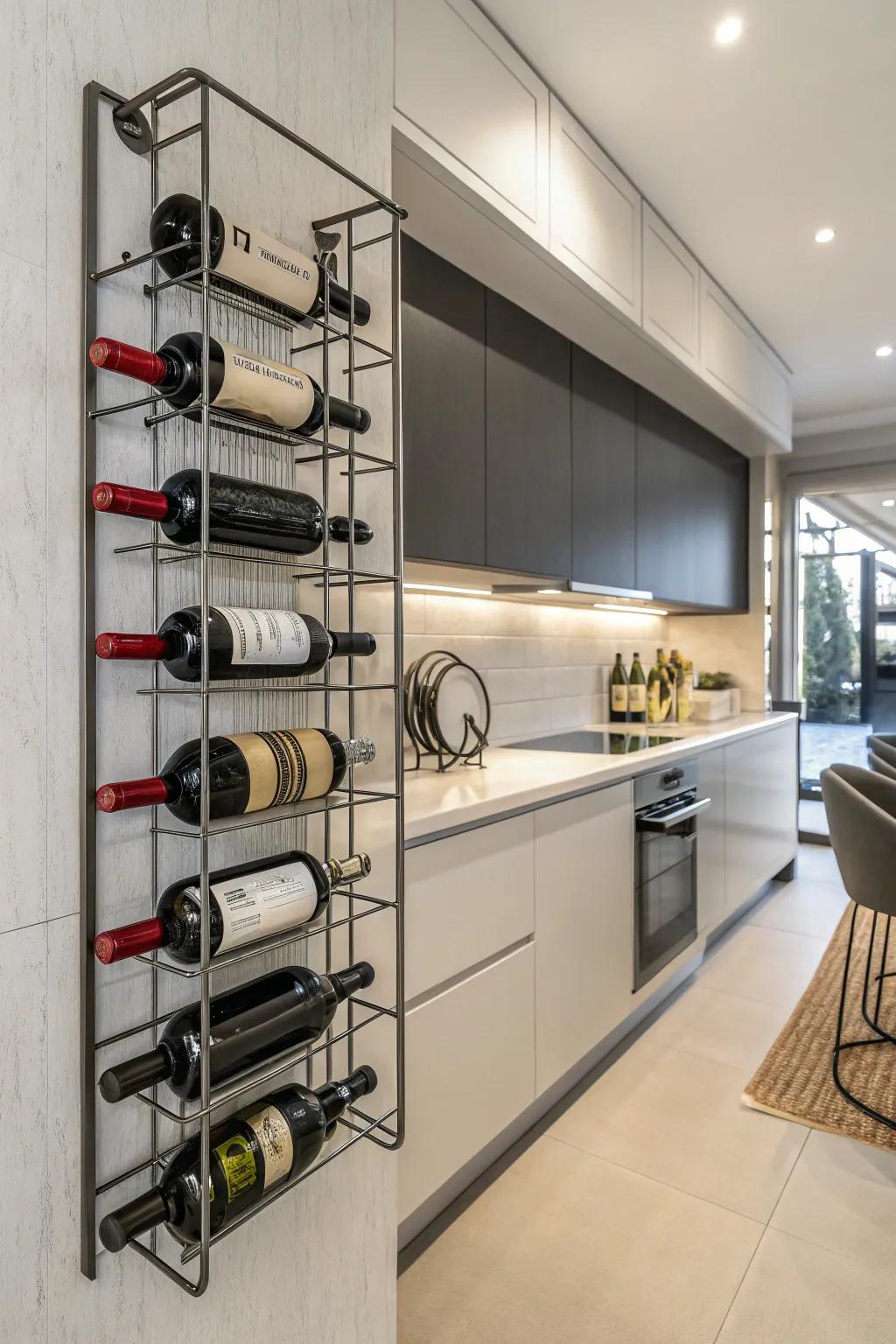 Metal wine racks add a sleek touch to modern kitchens.