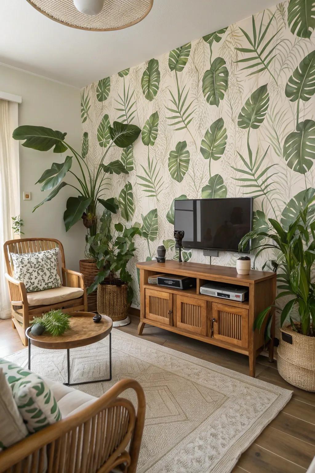 Embrace nature with botanical wallpaper for a fresh living room atmosphere.