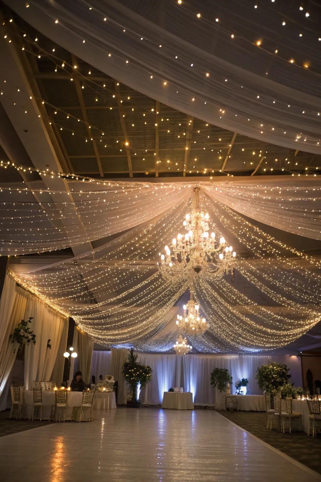 A wedding venue transformed with a fairy light canopy.