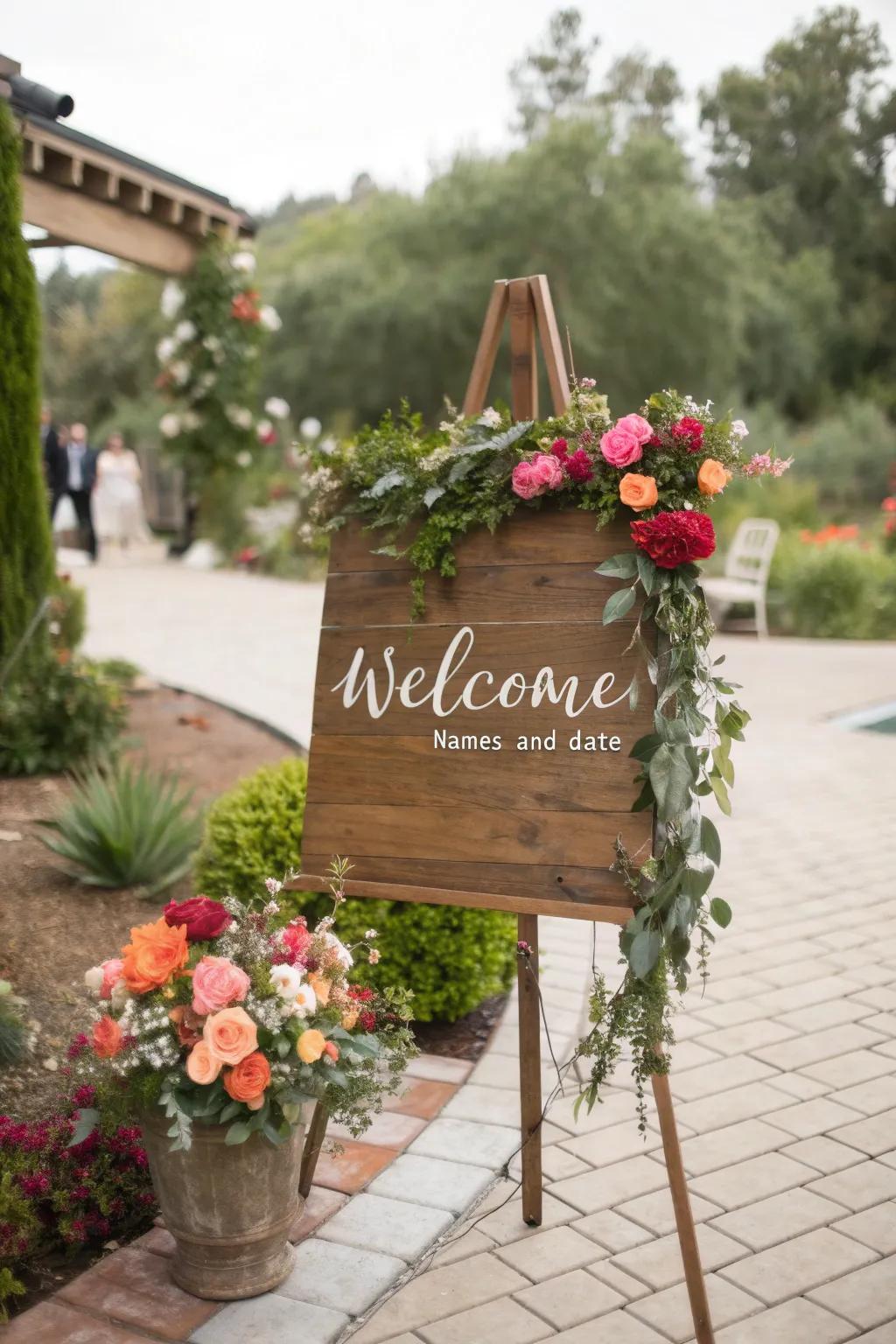 A rustic welcome sign sets a warm and inviting tone for your wedding.