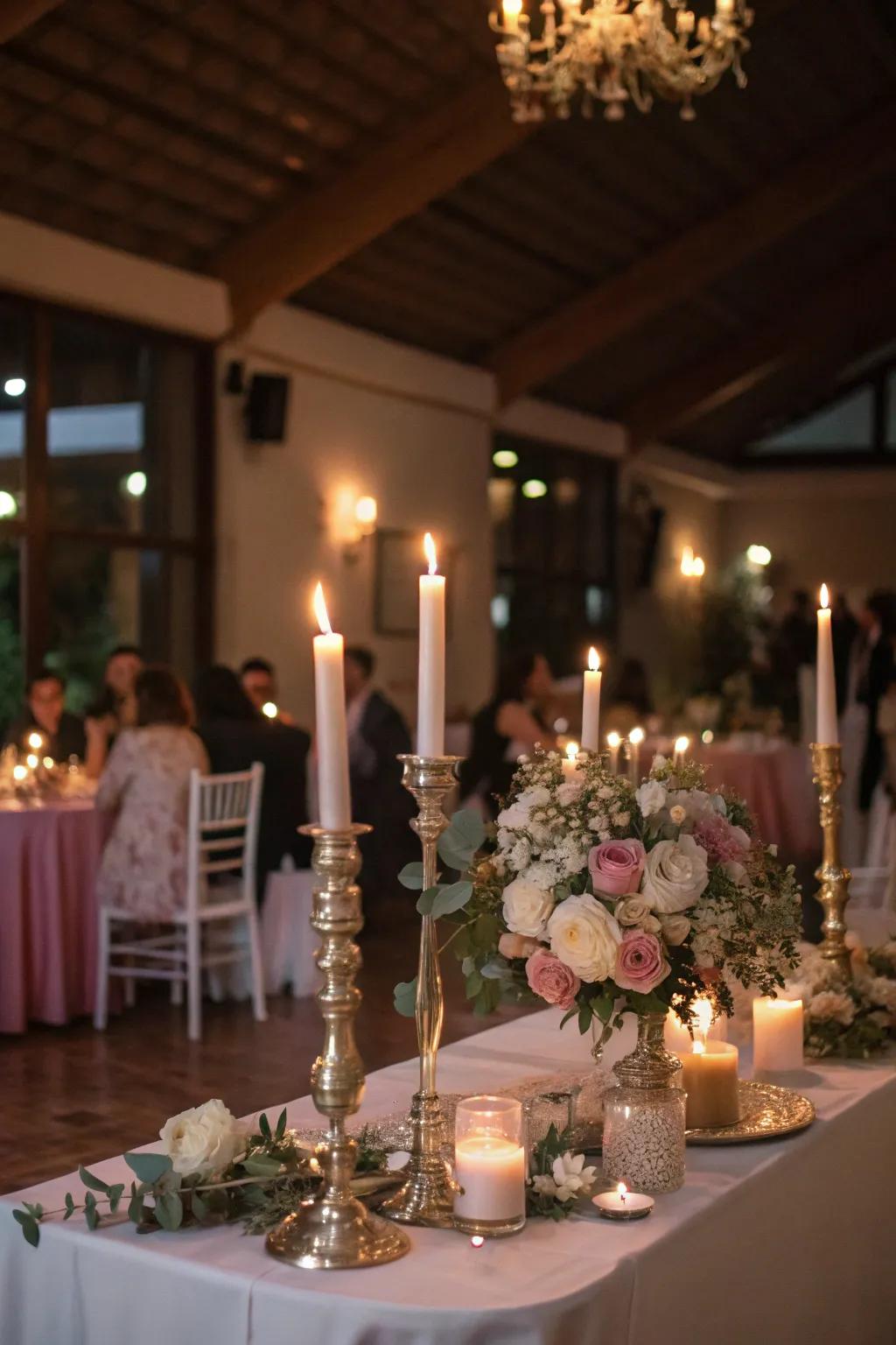 A candlelit tablescape creates an intimate atmosphere.