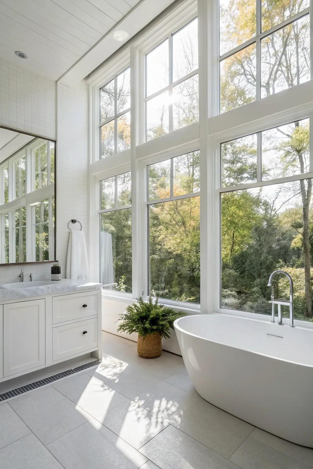 Natural light enhances the clean lines and bright atmosphere of this white bathroom.