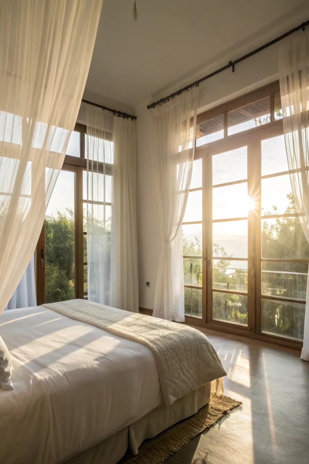 Delicate white curtains allow sunlight to flood the room, creating a luminous and airy feel.