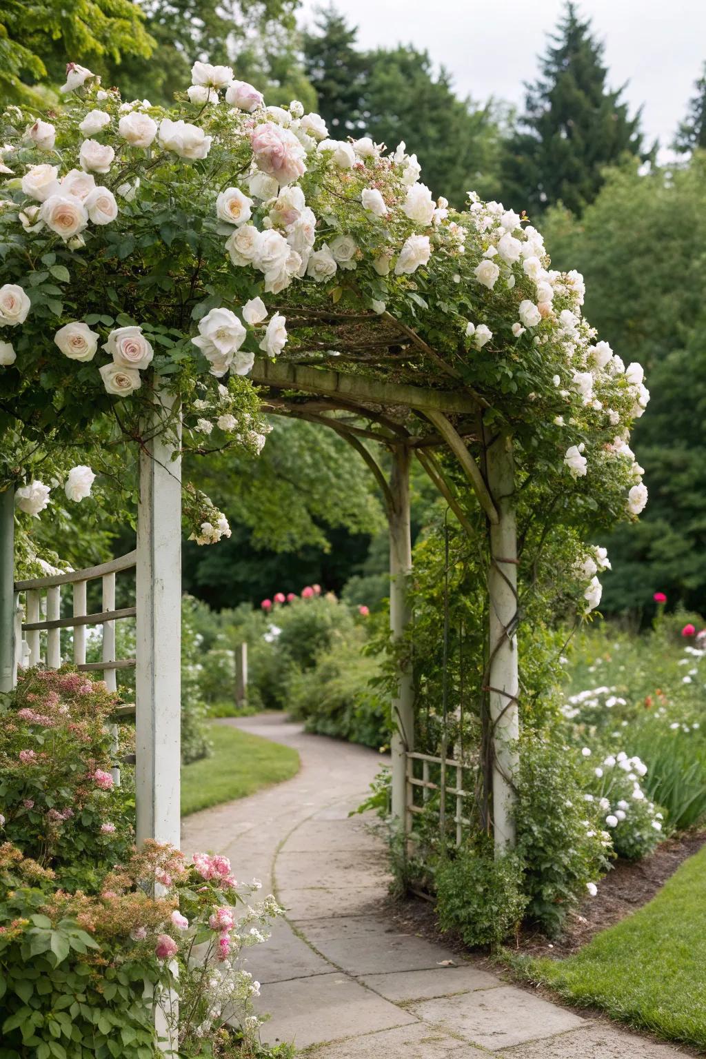 A white rose arbor offers a romantic garden focal point.