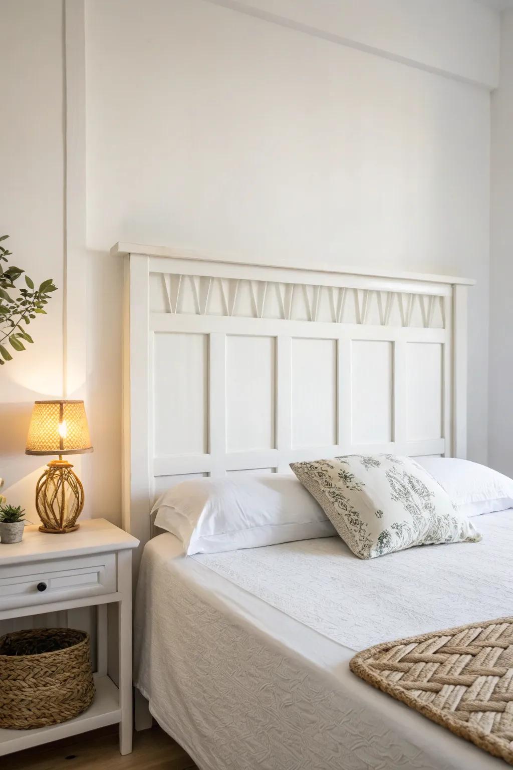 Minimalism at its finest: a white headboard in a serene setting.