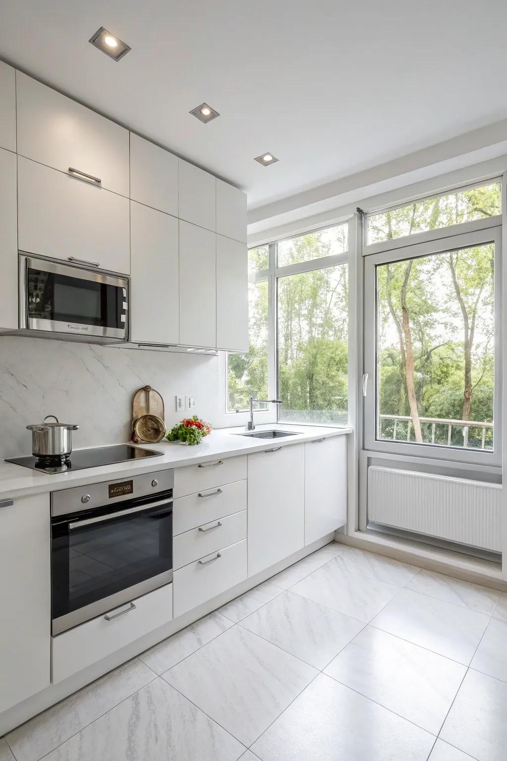 Modern minimalism with sleek white cabinets creates a clean and open kitchen.