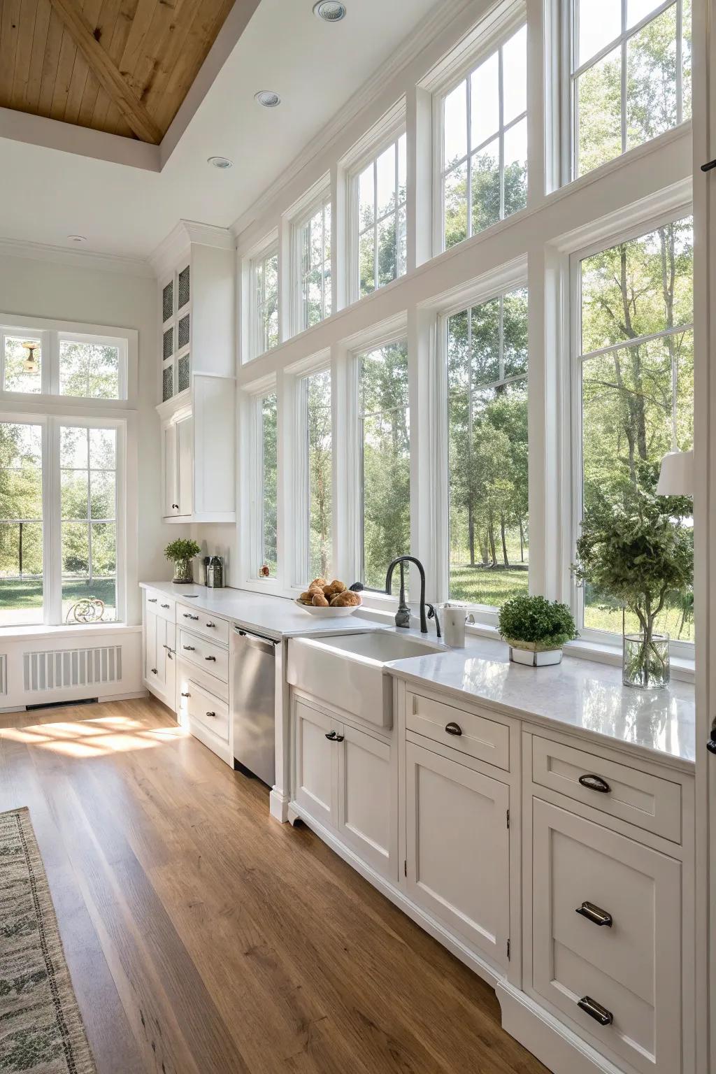 A white kitchen with an open design, filled with natural light.