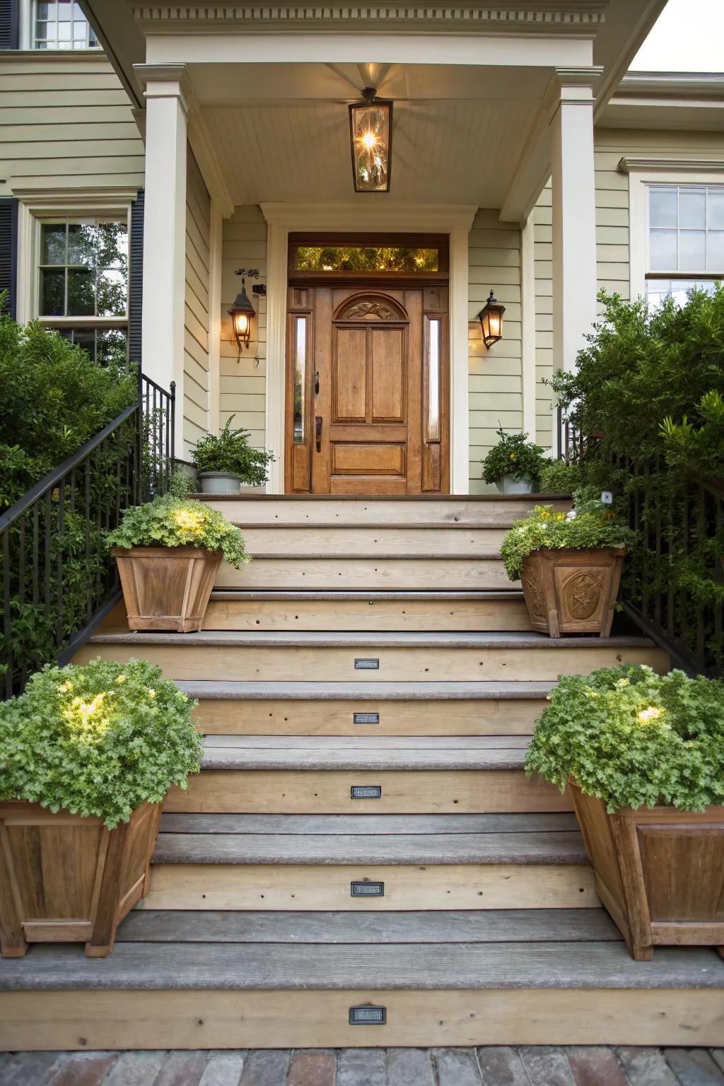 Symmetrical steps create a balanced and inviting entrance.