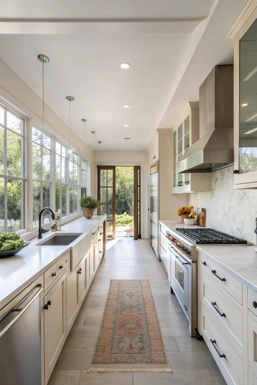 A wide galley kitchen with open spaces and minimalistic design.