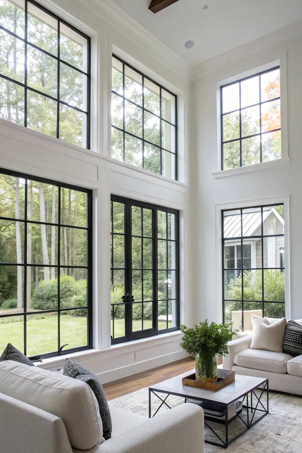 Black window trim introduces a contemporary edge to a well-lit living space.