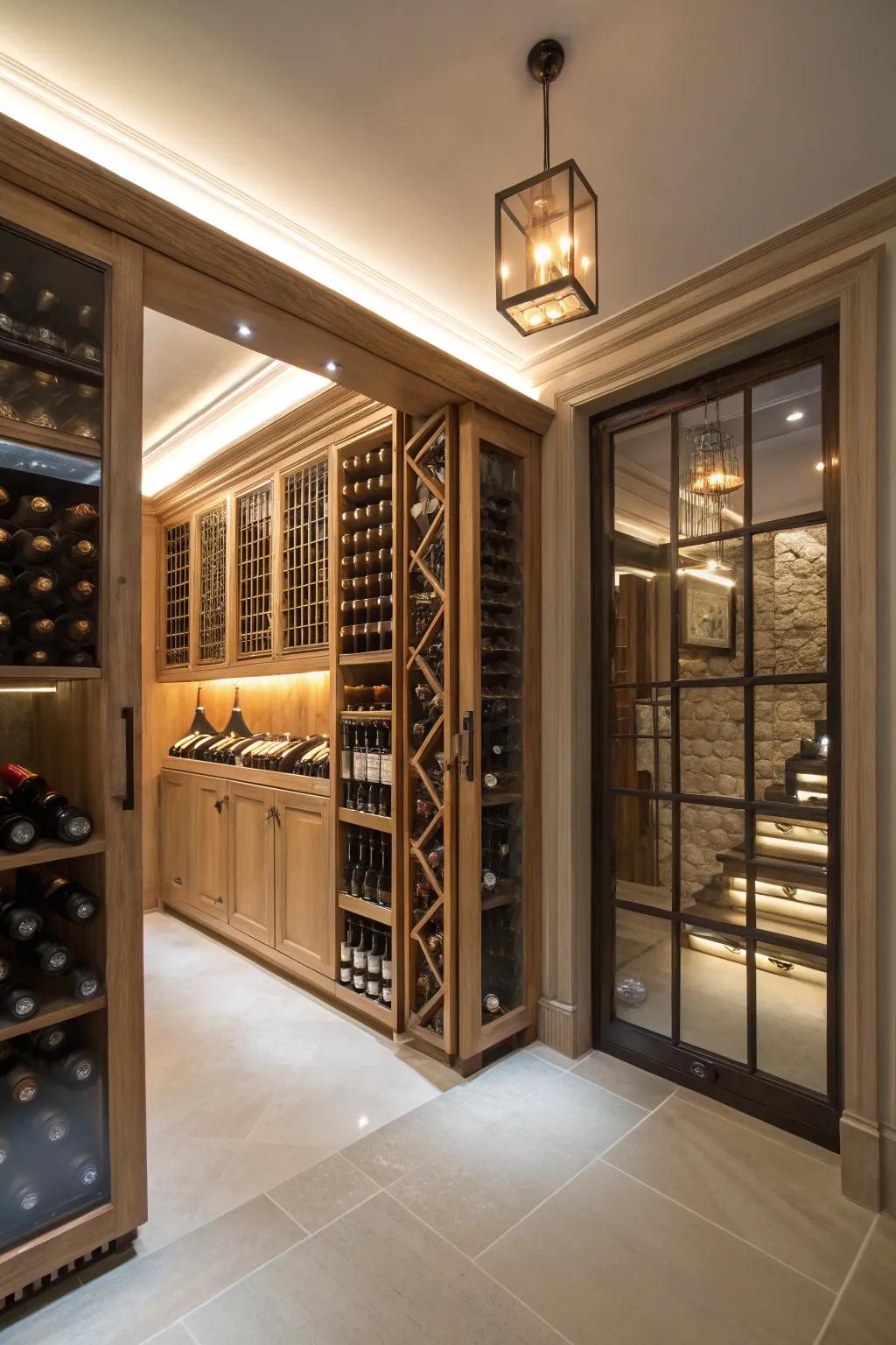 Warm LED lights creating a cozy atmosphere in the wine room.