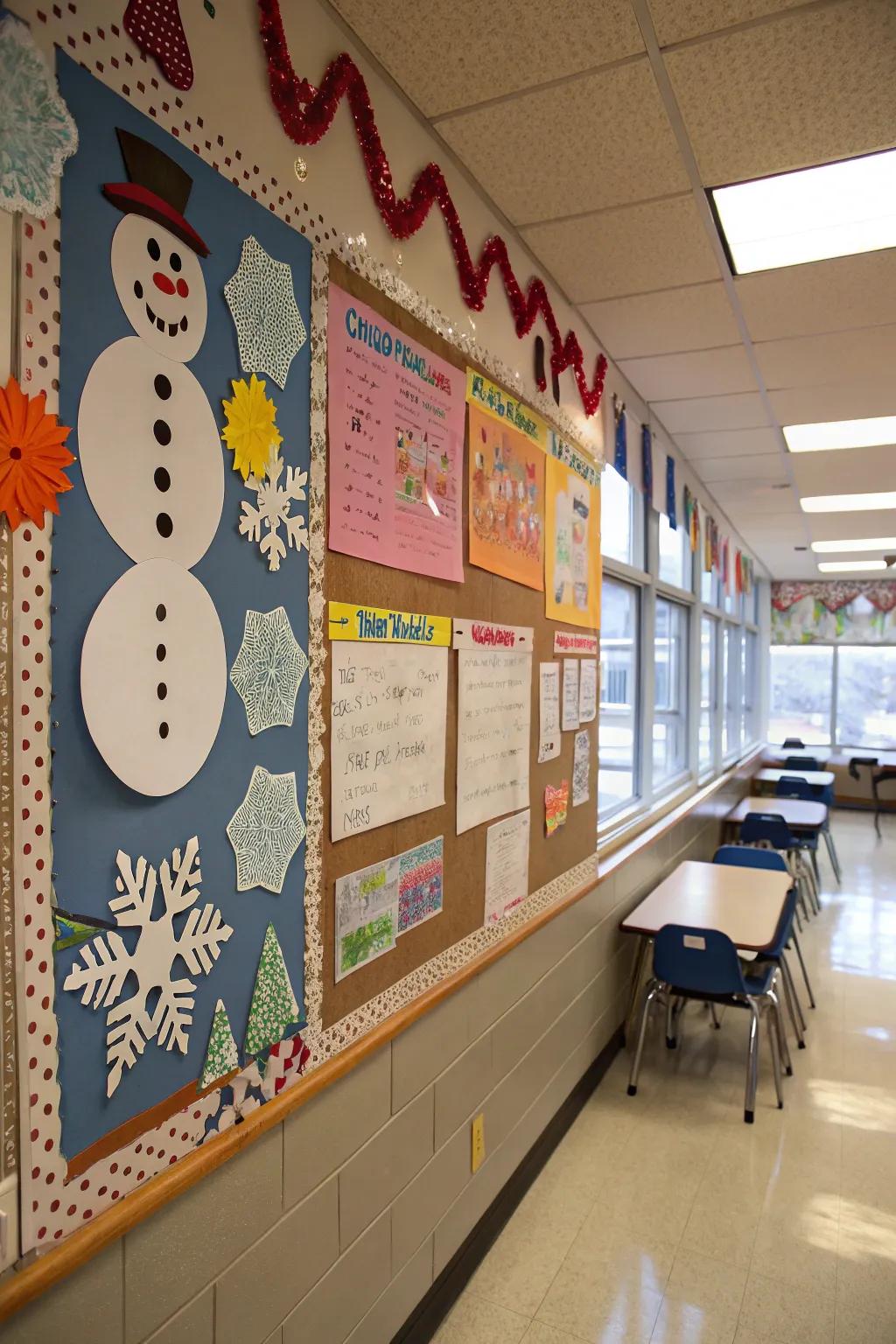 A whimsical display of snowmen and snowflakes adds a frosty charm to the classroom.