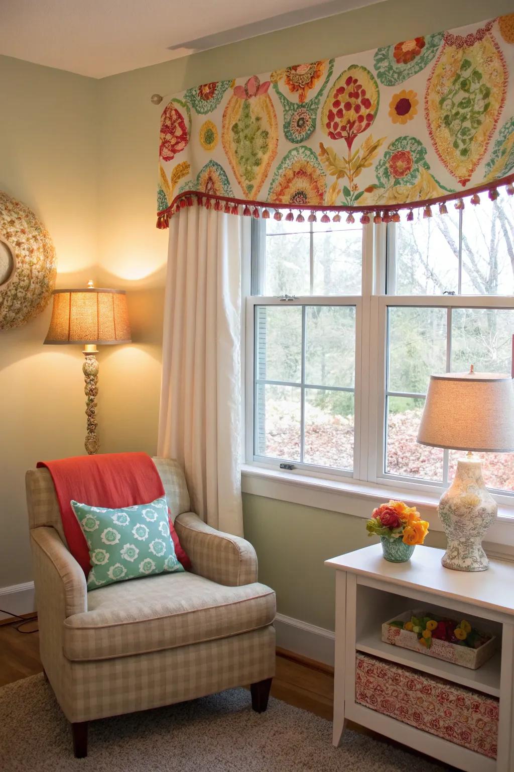 Fabric valances bring color and softness.