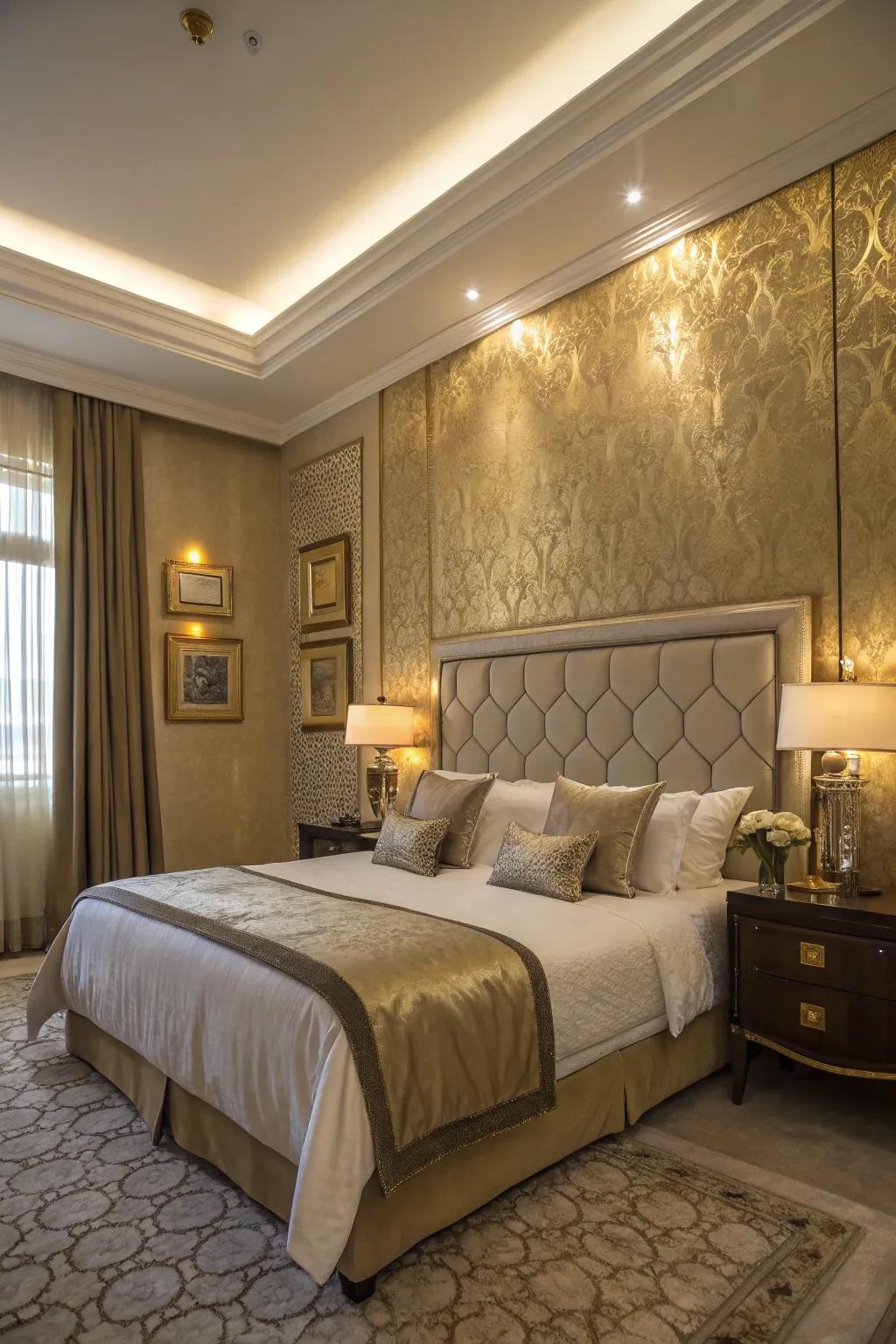 A metallic gold accent wall adds a luxurious and reflective quality to the bedroom.