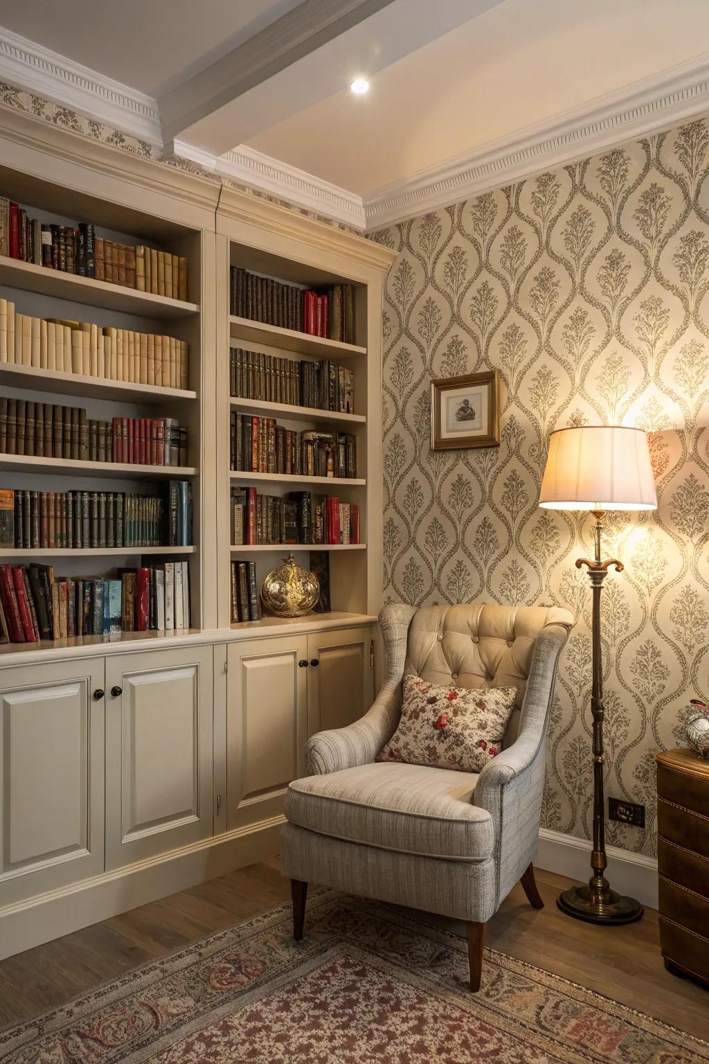 A classic wallpaper adds sophistication to a cozy home library.