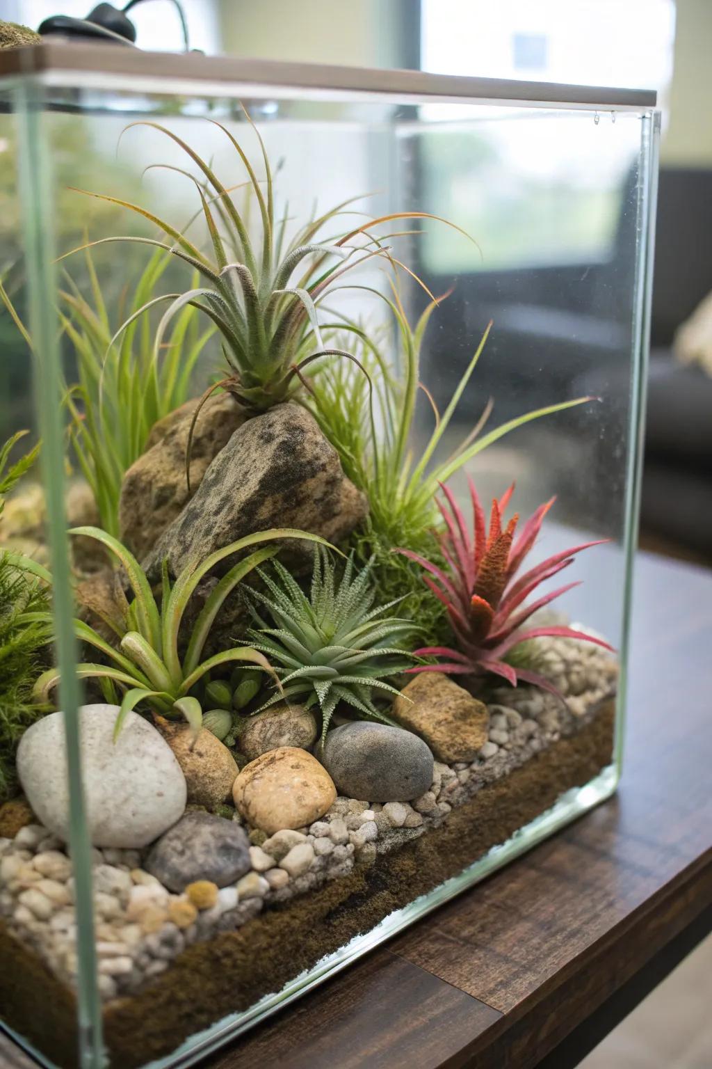 An aquarium innovatively repurposed into a distinct air plant display.