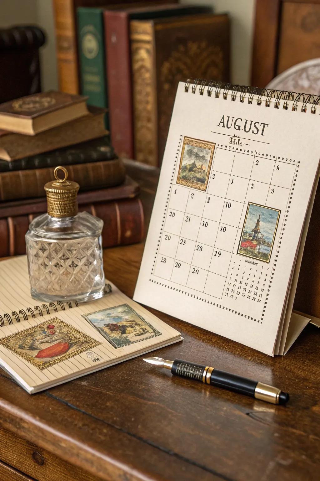 Transport back in time with a vintage postcard-themed calendar.