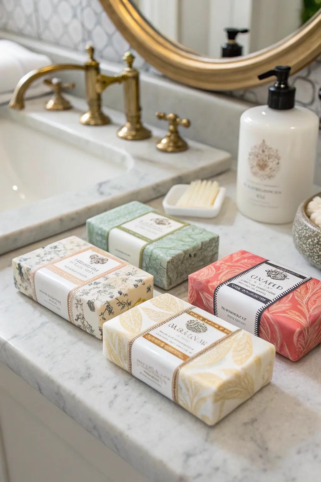 Decorative soap bars add a hint of luxury.