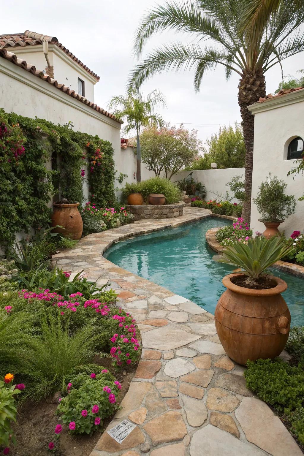 A Mediterranean-themed lazy river pool with olive trees and lavender.