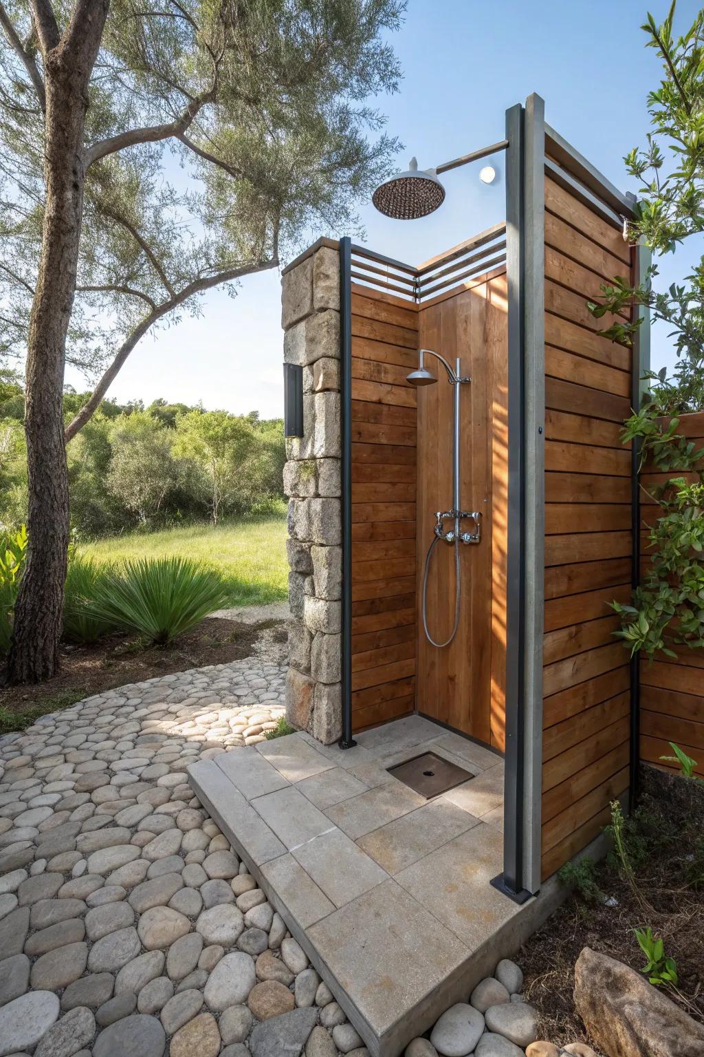 A visually intriguing outdoor shower with mixed materials.