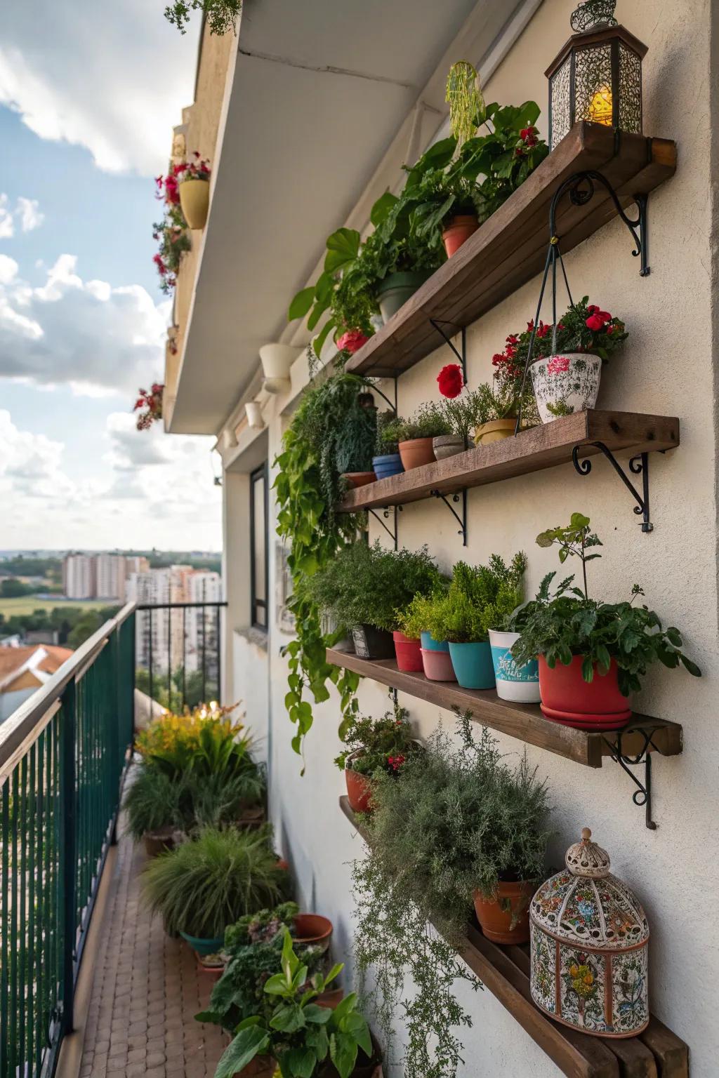 Vertical shelving adds storage and display options without taking up floor space.