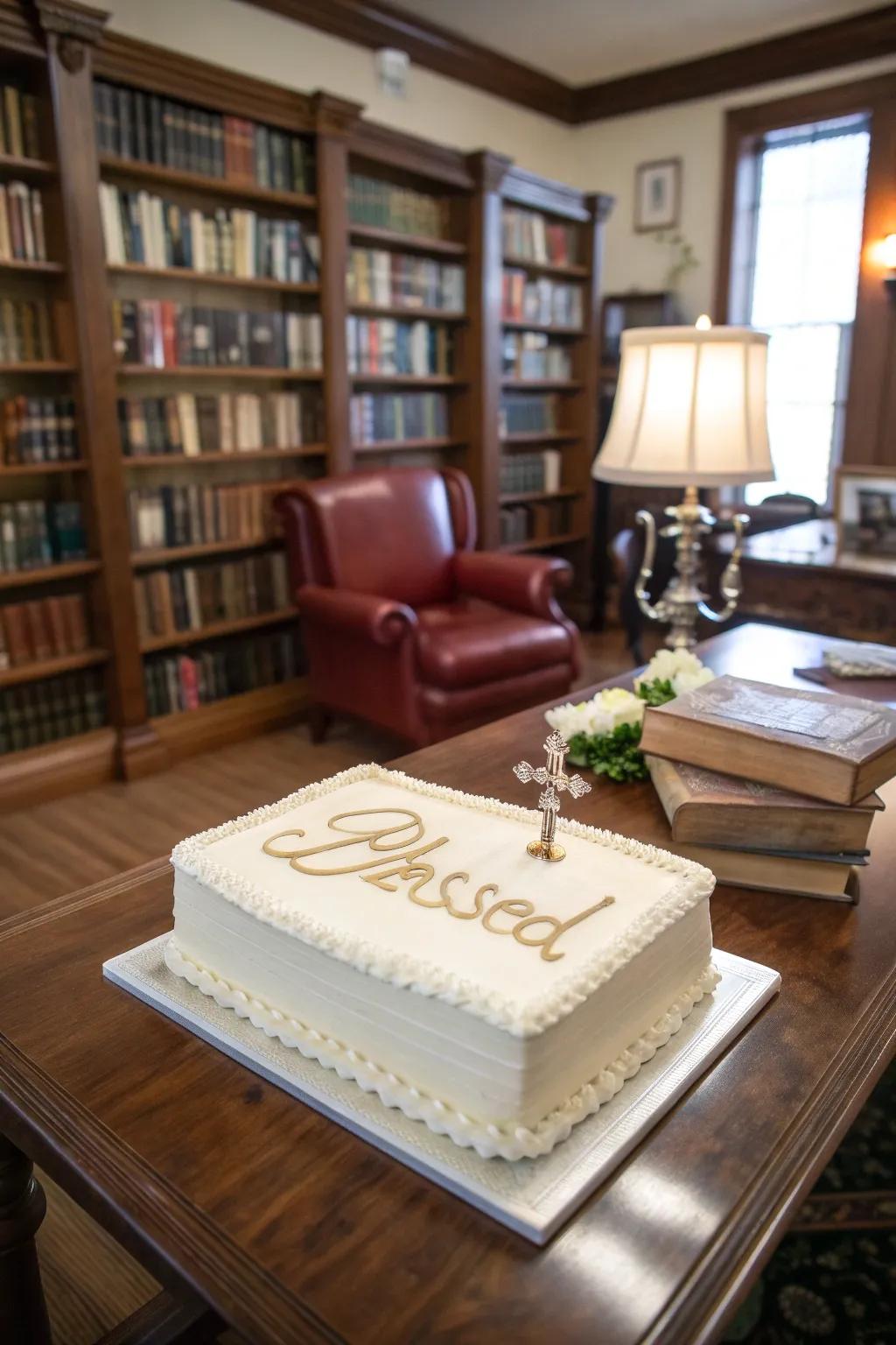 A uniquely shaped cake that resembles a Bible.