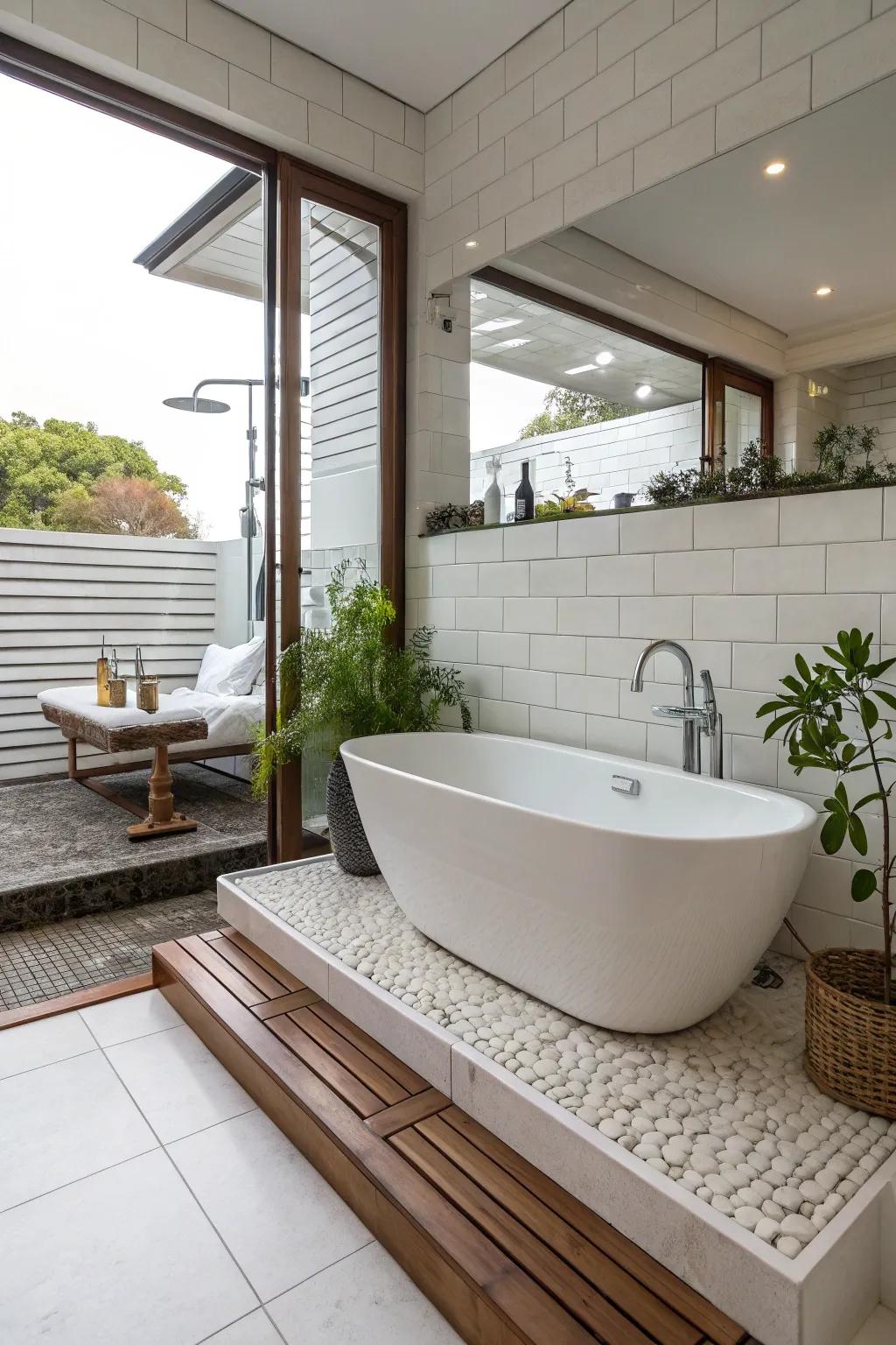 A modern tub elevated on a platform for a striking visual effect.